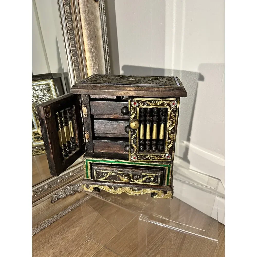 Vintage Thai Wooden Jewelry Box Mini Cabinet Armoire Boho Trinket Chest